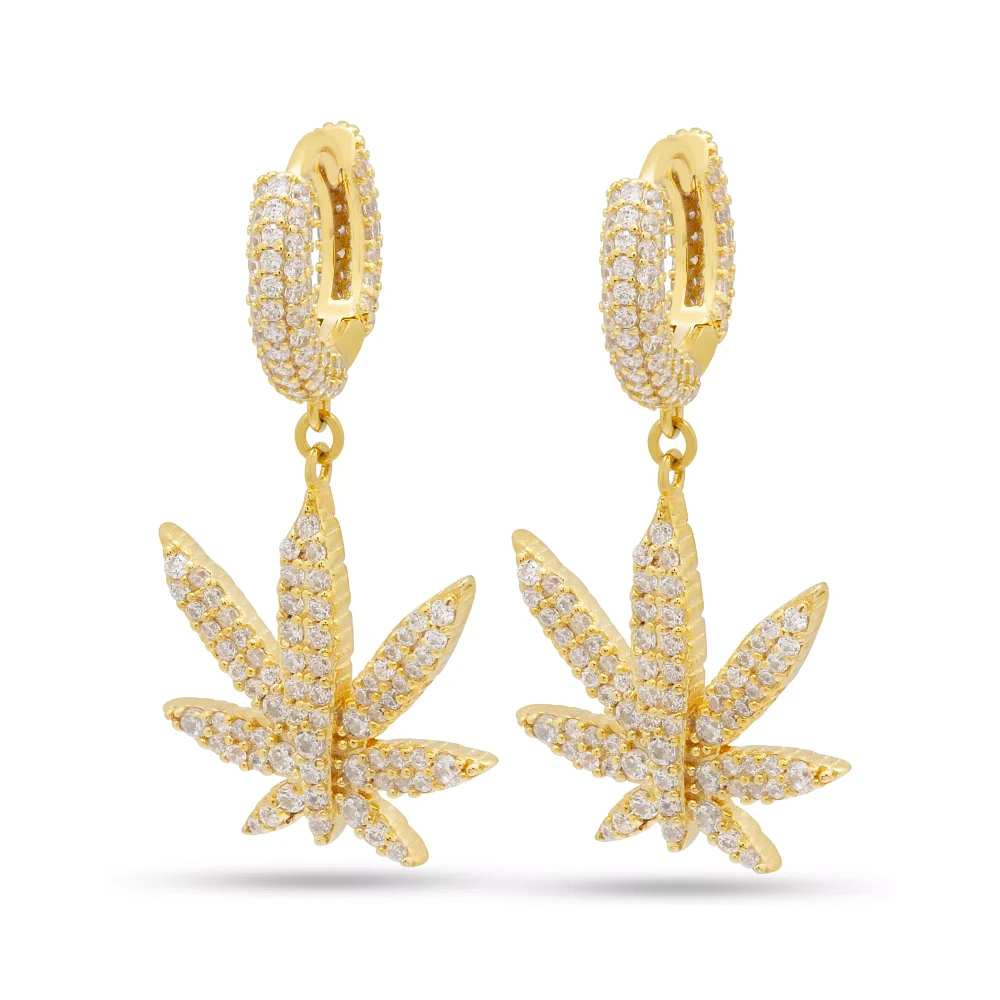 CZ Iced Weed Leaf Dangle Hoop Earrings