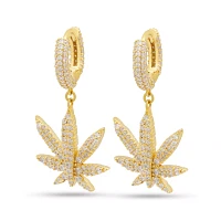 CZ Iced Weed Leaf Dangle Hoop Earrings