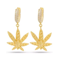 CZ Iced Weed Leaf Dangle Hoop Earrings