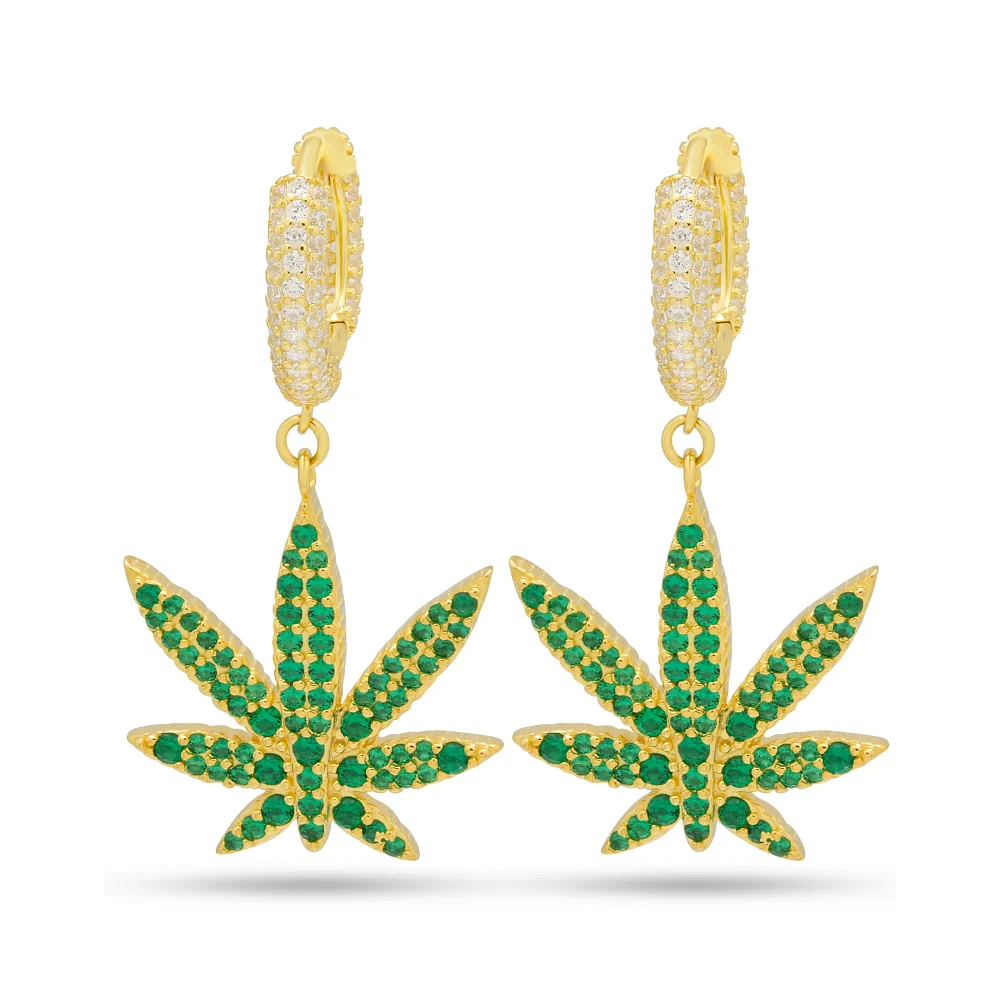 Green CZ Iced Weed Leaf Hoop Earrings