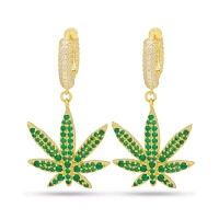 Green CZ Iced Weed Leaf Hoop Earrings