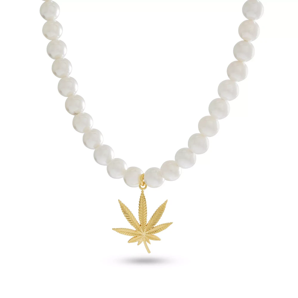 Pearl-Effect Goldplated Weed Leaf Necklace