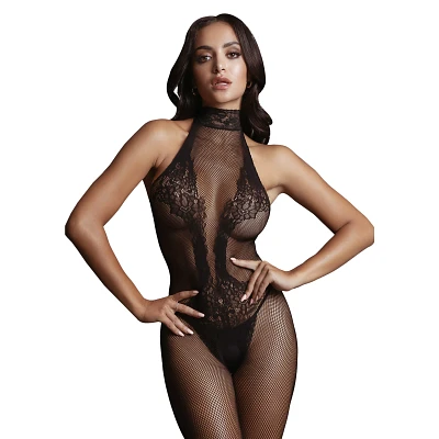High Neck Fishnet and Lace Crotchless Bodystocking