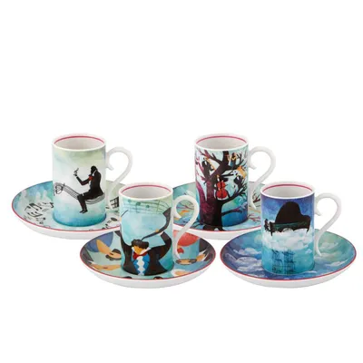 Vista Alegre Fur Beethoven Set 4 Coffee Cups & Saucer