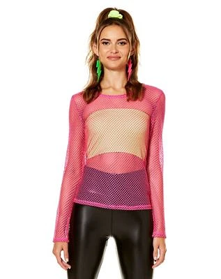 '80s Pink Long Sleeve Mesh Top