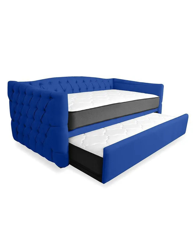 Cama Doble De Velvet Azul MAS 2 Colchones Modelo Massimo Makora Massimo