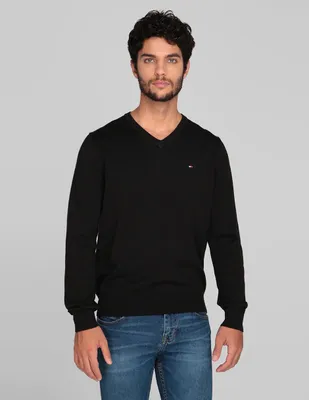 Suéter Tommy Hilfiger cuello V negro