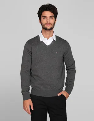 Suéter Tommy Hilfiger cuello V gris jaspeado