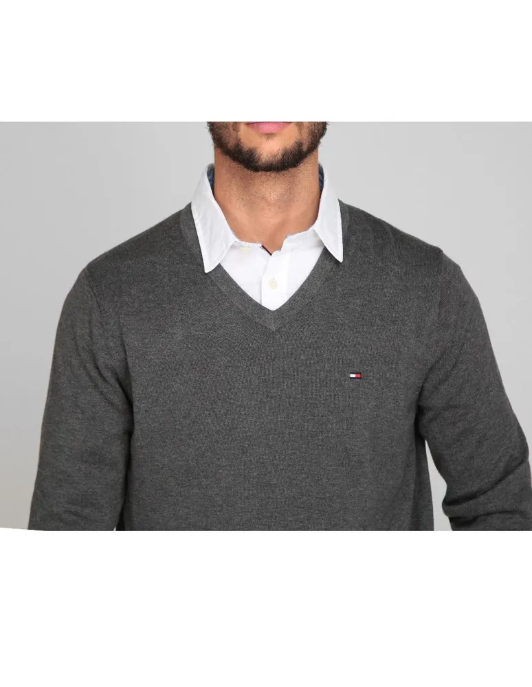 Suéter Tommy Hilfiger cuello V gris jaspeado