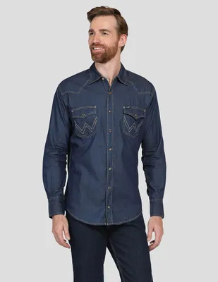 Camisa casual Wrangler de mezclilla manga larga para hombre