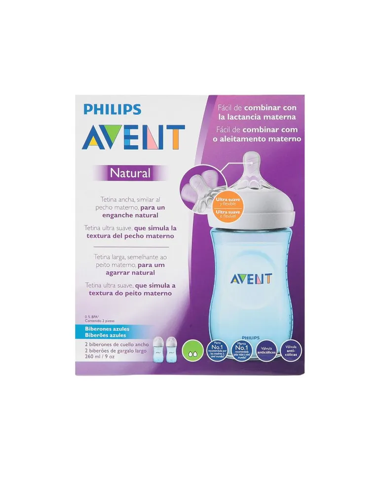 Biberón Philips Avent Anti-colic de Cuello Ancho Color Azul, 9 oz (2 uds) –