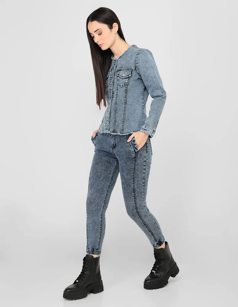 Jeans skinny Frappe deslavado corte cintura para mujer