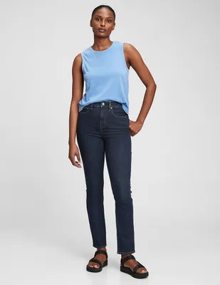 Jeans slim lavado obscuro corte cintura para mujer