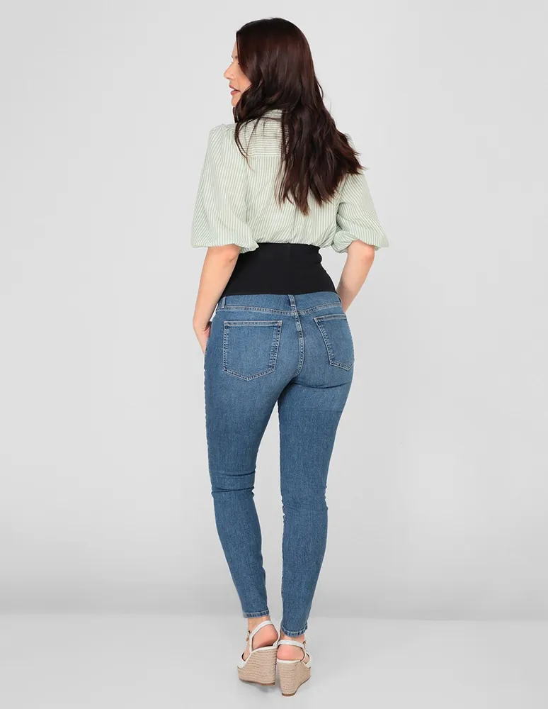 Jeans de maternidad skinny lavado obscuro corte cintura para mujer