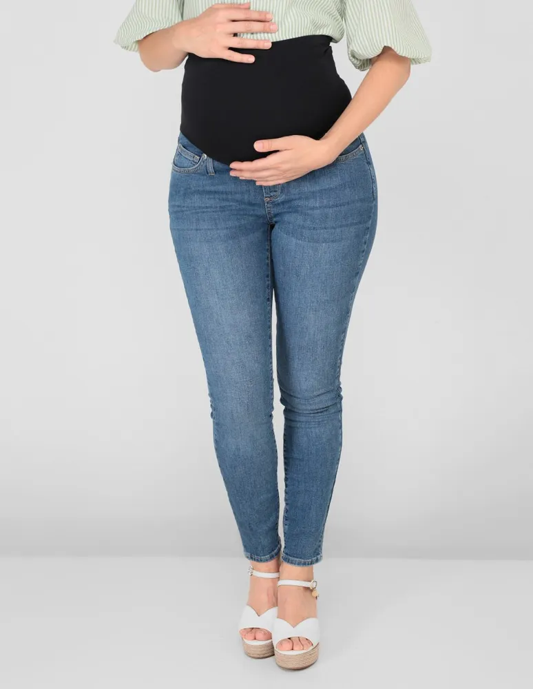 Jeans de maternidad skinny lavado obscuro corte cintura para mujer