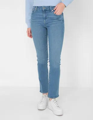 Jeans straight lavado deslavado corte cintura para mujer