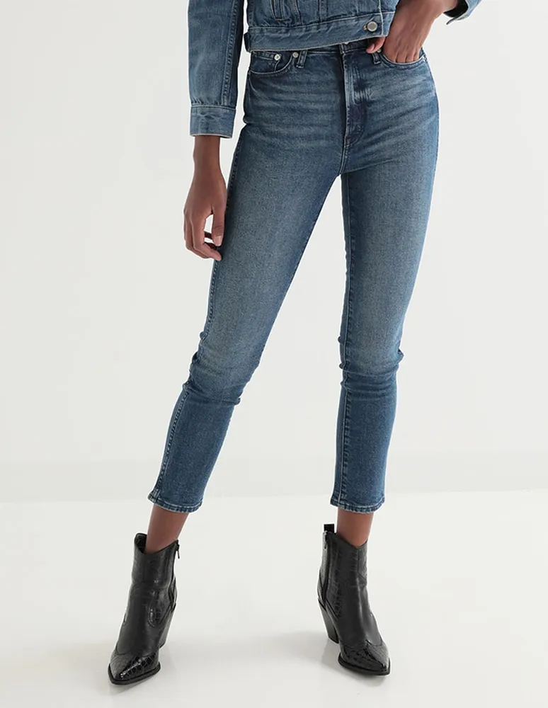 Jeans slim deslavado corte cintura para mujer