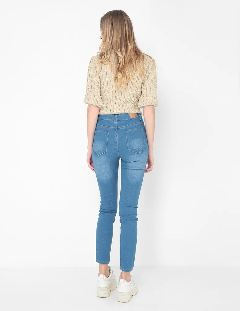 Jeans straight Aéropostale lavado medio corte cintura para mujer