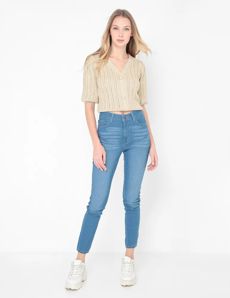 Jeans straight Aéropostale lavado medio corte cintura para mujer