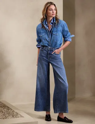 jeans wide leg deslavado corte cintura alta para mujer