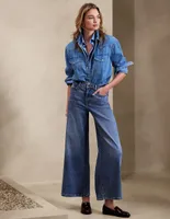 Jeans wide leg deslavado corte cintura alta para mujer