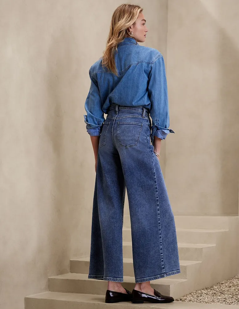 jeans wide leg deslavado corte cintura alta para mujer