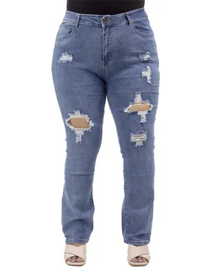 Jeans straight Locura NCMP260 lavado destruido corte cintura alta para mujer