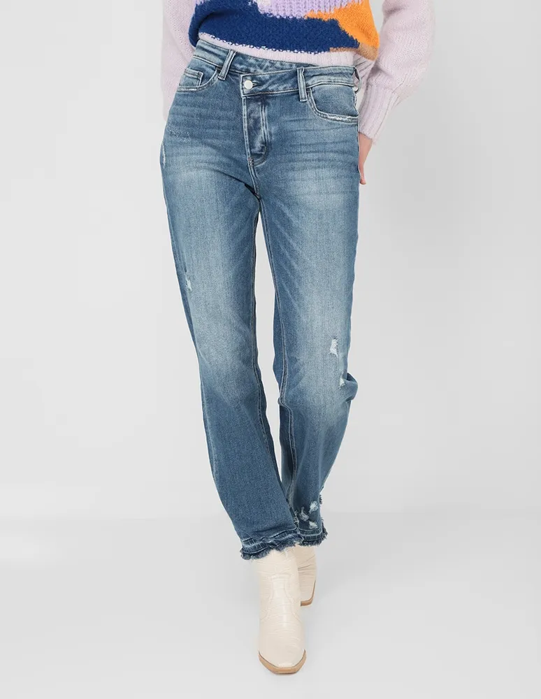 Jeans slim Kur.Kuma lavado destruido corte cintura para mujer