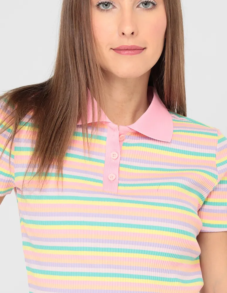 Playera That's It cuello polo estampado a rayas para mujer