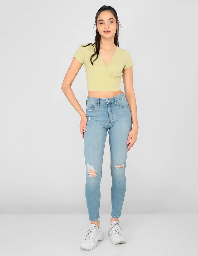 Jeans skinny Hollister lavado medio corte cintura alta para mujer