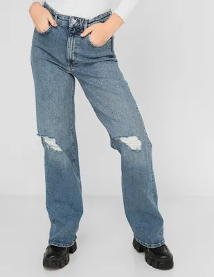 Jeans straight ONLY lavado desgastado corte cintura para mujer
