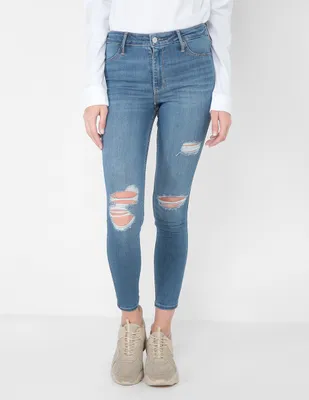 Jeans super skinny Hollister Ki355-2334-279 lavado destruido corte cintura alta para mujer
