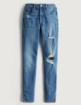 Jeans super skinny Hollister lavado destruido corte cintura alta para mujer