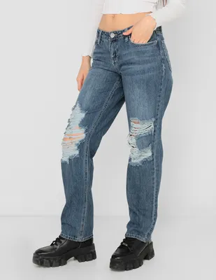 Jeans straight Coffee Bean lavado destruido corte cintura para mujer