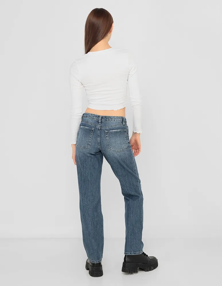 Jeans straight Coffee Bean lavado destruido corte cintura para mujer