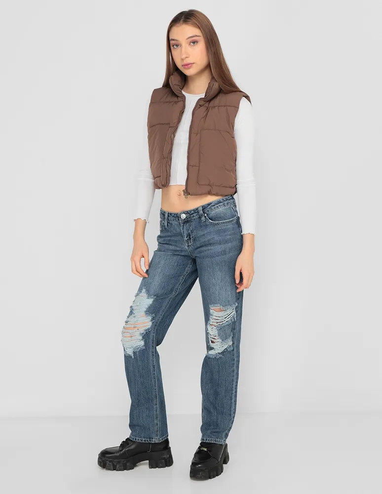 Jeans straight Coffee Bean lavado destruido corte cintura para mujer