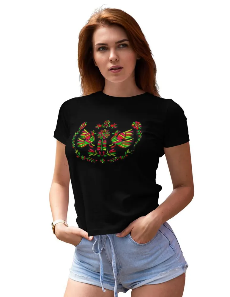 Playera manga corta Tlatoani Arte Otomí cuello redondo para mujer