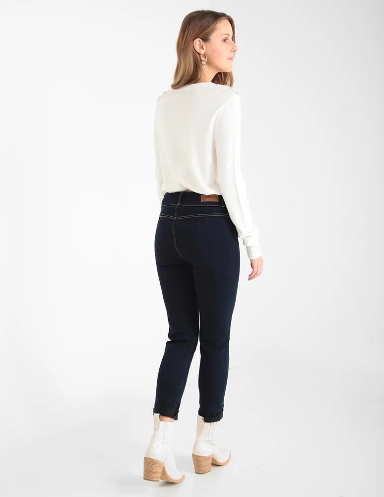 Jeans skinny Studio F lavado obscuro corte cadera para mujer