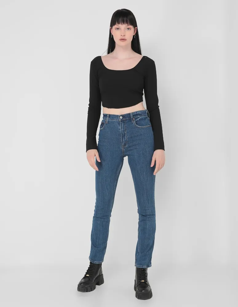 Jeans straight Abercrombie & Fitch lavado medio corte cadera para mujer