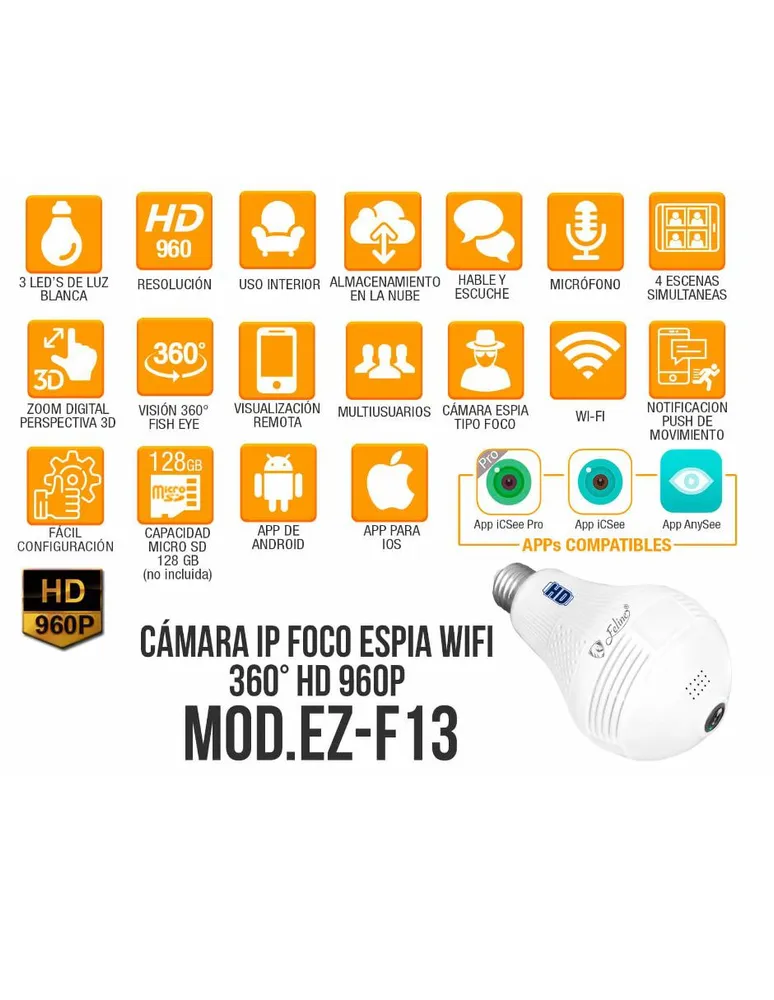 Cámara Foco WiFi Espía HD 960P IP Nube 360 Grados Video Seguridad Control  Alarma