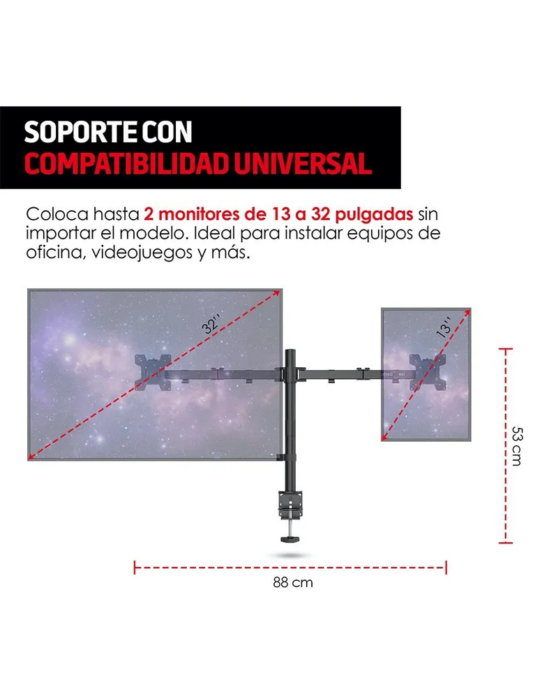 Soporte para 2 Monitores Redlemon de 13” a 32” con Base para Escritorio