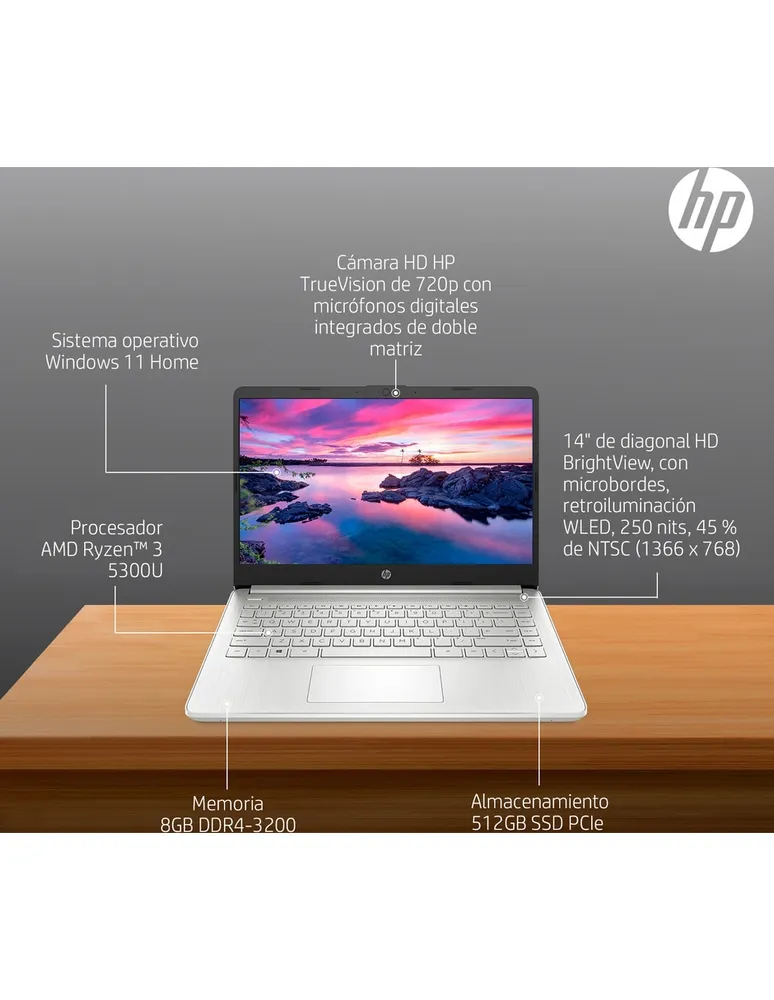 Laptop thin & light HP 14-fq1004la 14 pulgadas HD Ryzen 3 8 GB RAM 512 GB SSD