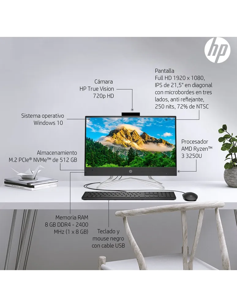 Computadora all in one HP 22-df0518la 21.5 Pulgadas Full HD AMD Ryzen 3 AMD Radeon 8 GB RAM 512 GB SSD, incluye multifuncional, juego Batman Arkham