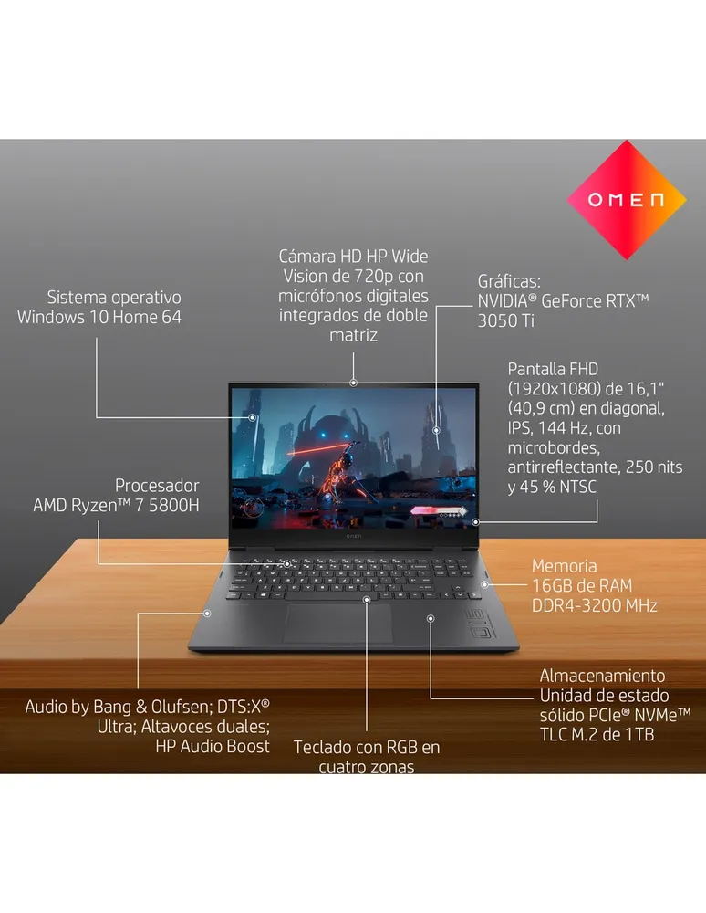 Laptop gamer HP Omen 16-c0502la 16 pulgadas Full HD AMD Ryzen 7 Nvidia Geforce RTX 3050 8 GB 512 GB SSD