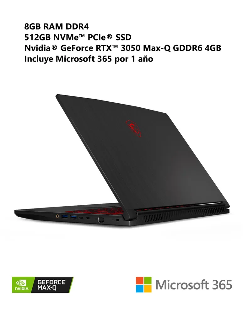 Laptop gamer MSI Gf63 thin 11uc 15.6 pulgadas Full HD intel core i5 Nvidia Geforce RTX 3050 8 GB 512 GB SSD