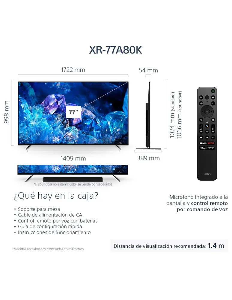 Pantalla Sony OLED smart TV de 77 pulgadas Dolby Atmos/HDR Dolby Vision  XR-77A80K con Google TV