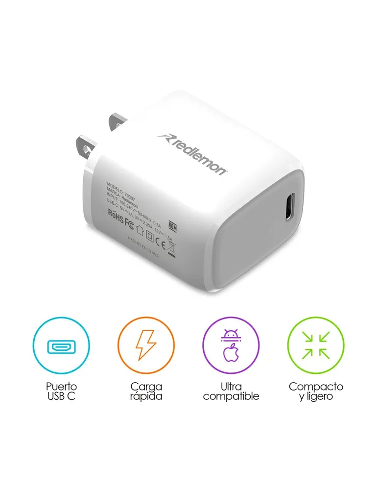 Cargador USB C de Carga Rápida para Celular y Tablet 12V-1.5A Redlemon