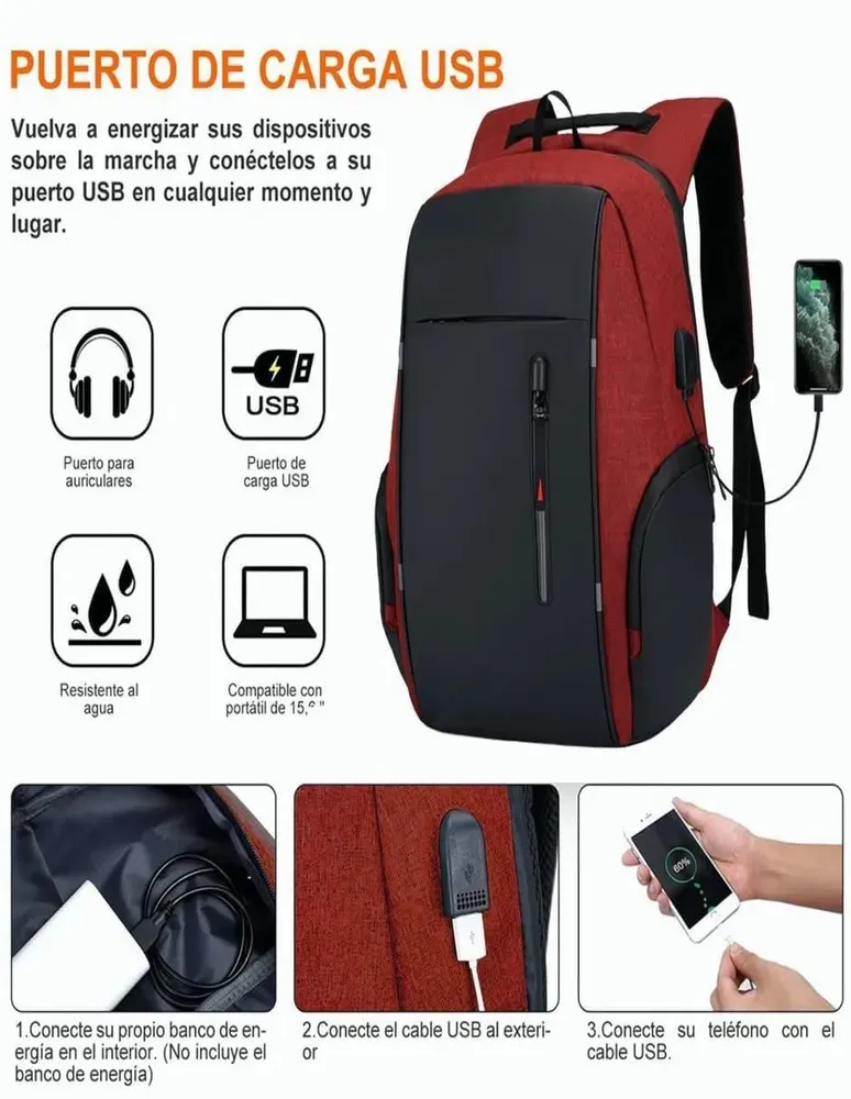 Mochila antirrobo para portátil con carga USB compatible con portátil de  15.6 pulgadas con bloqueo incluido., Rojo