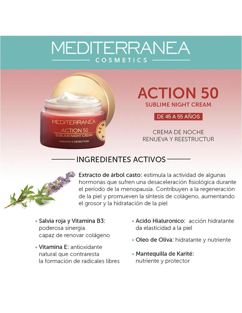 Crema sublime de noche renueva y reestructura Mediterranea Cosmetics Action 50 años 50 ml