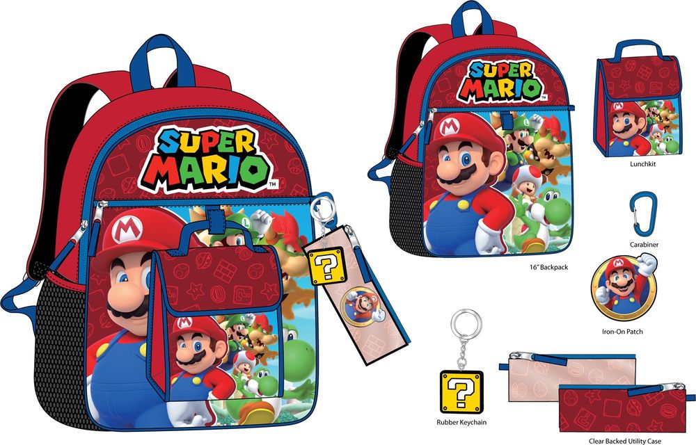 Bioworld Kirby 5-Piece Set: 16 Backpack, Lunchbox, Utility Case, Rubber  Keychain, and Carabiner